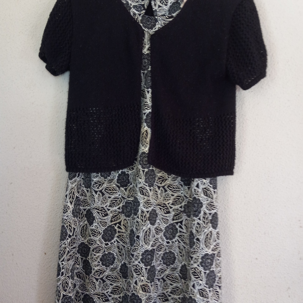 Black Knit Short-Sleeve Cardigan over Black & White Floral Dress